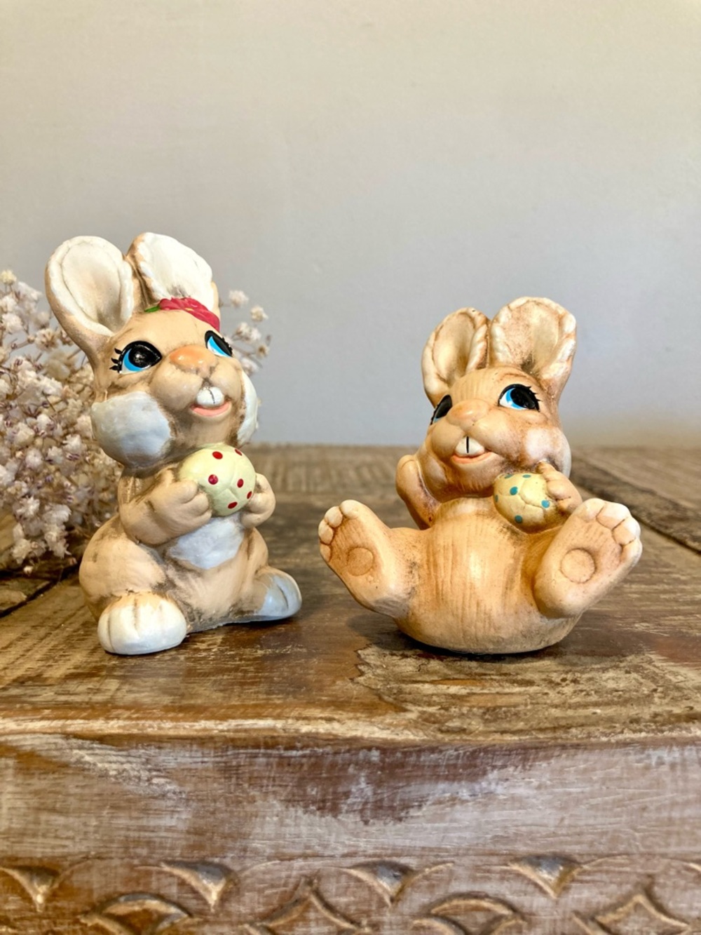 Vintage Ceramic Bunny Figurines Korea Rabbits Holding Easter Eggs